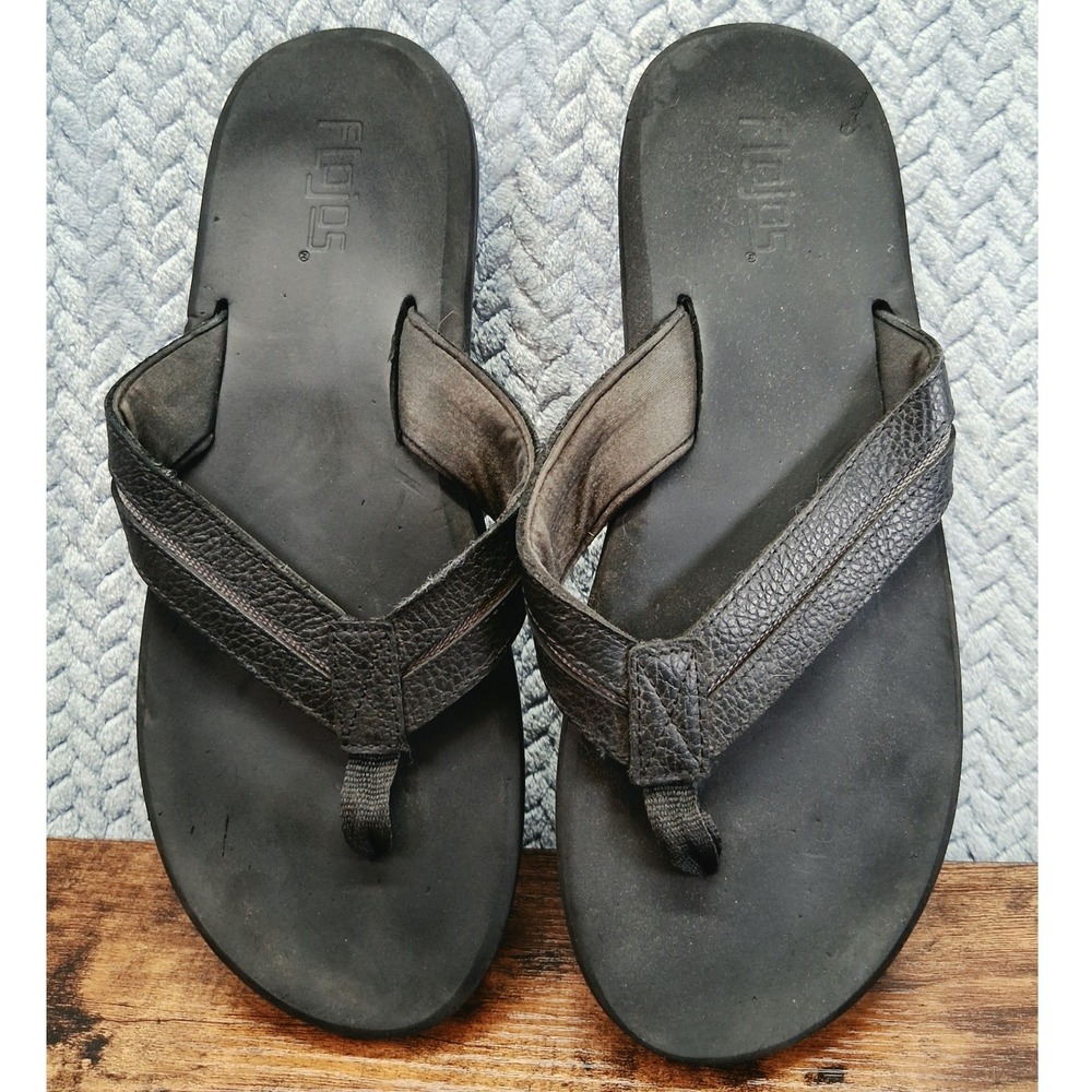 Flojos Mens Black Faux Leather Flip Flop Sandals Cushioned Beach Shoes Coastal